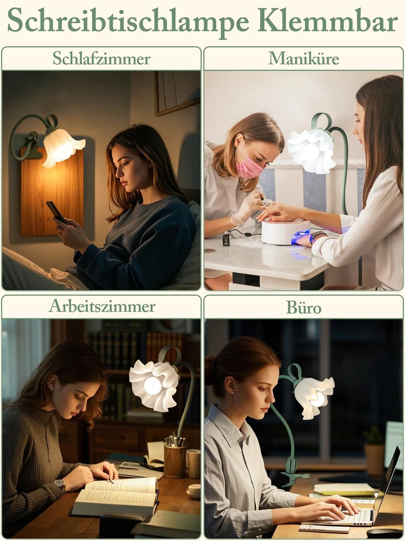 WLHONG Blumen Klemmlampe LED Leselampe mit Clip Grün