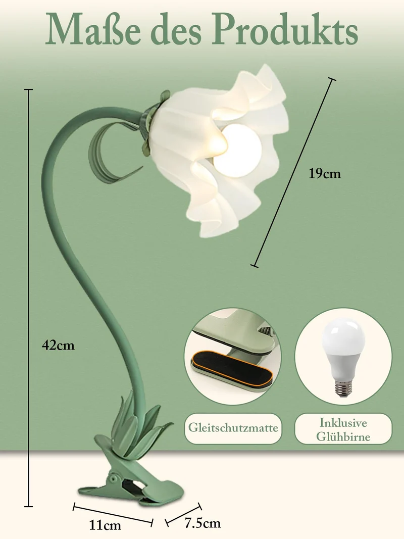 WLHONG Blumen Klemmlampe LED Leselampe mit Clip Grün