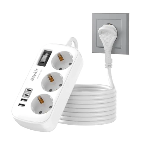 Verlängerungskabel Flachstecker 2M, 3 Fach Steckdosenleiste mit 4 USB