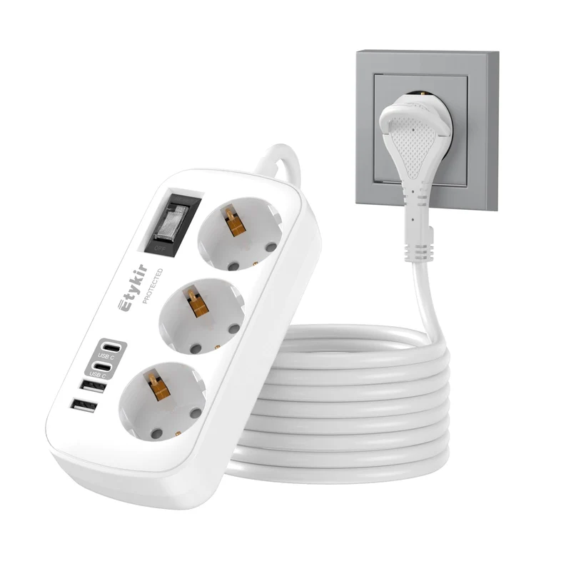 Verlängerungskabel Flachstecker 2M, 3 Fach Steckdosenleiste mit 4 USB