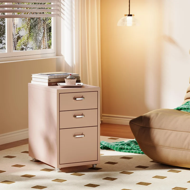 FLEXISPOT Rollcontainer Büroschrank mit 3 Schubladen, Aktenschrank Metallschrank Kommode mit Rädern, Schreibtisch Unterschrank für Zuhause und Büro (Rosa)