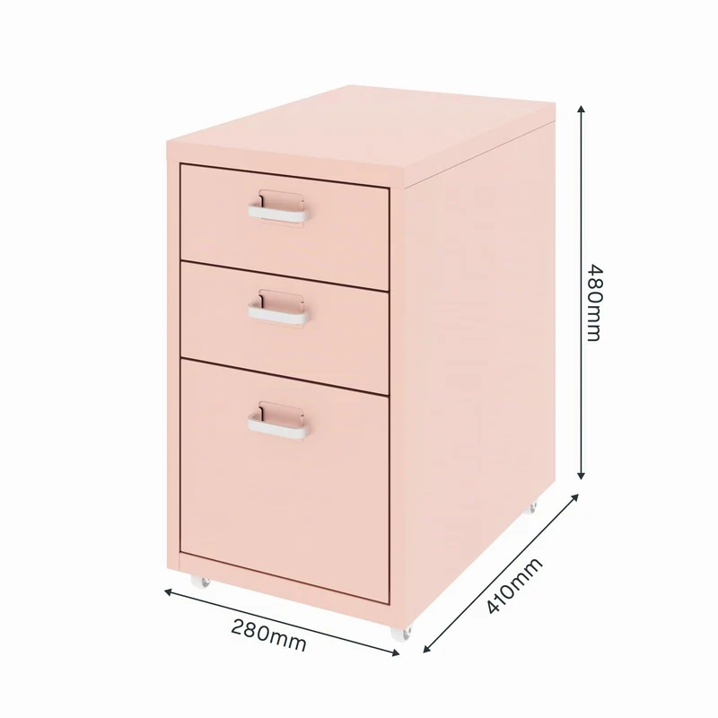 FLEXISPOT Rollcontainer Büroschrank mit 3 Schubladen, Aktenschrank Metallschrank Kommode mit Rädern, Schreibtisch Unterschrank für Zuhause und Büro (Rosa)