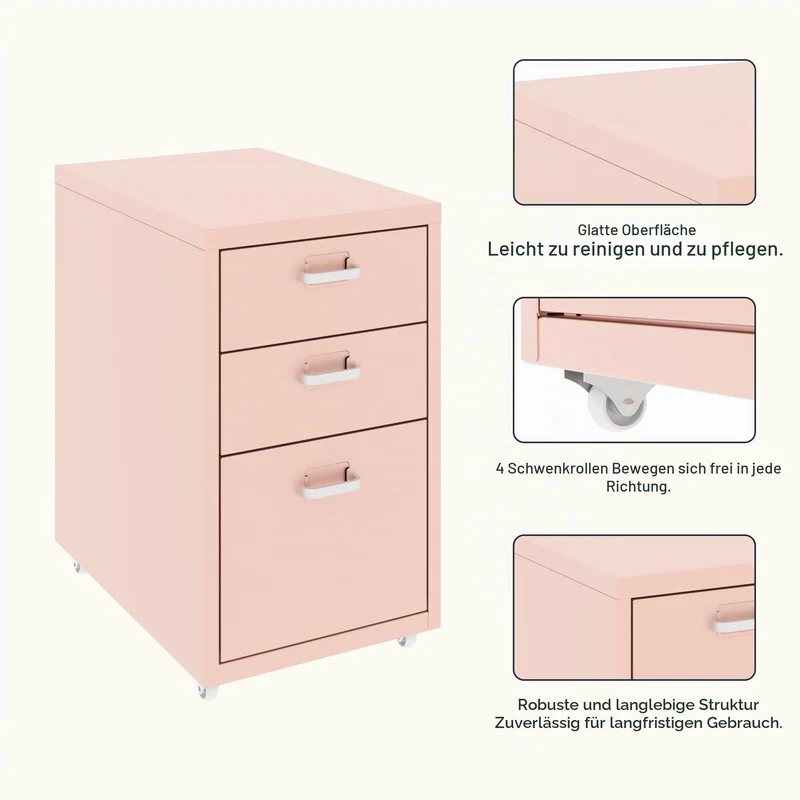 FLEXISPOT Rollcontainer Büroschrank mit 3 Schubladen, Aktenschrank Metallschrank Kommode mit Rädern, Schreibtisch Unterschrank für Zuhause und Büro (Rosa)