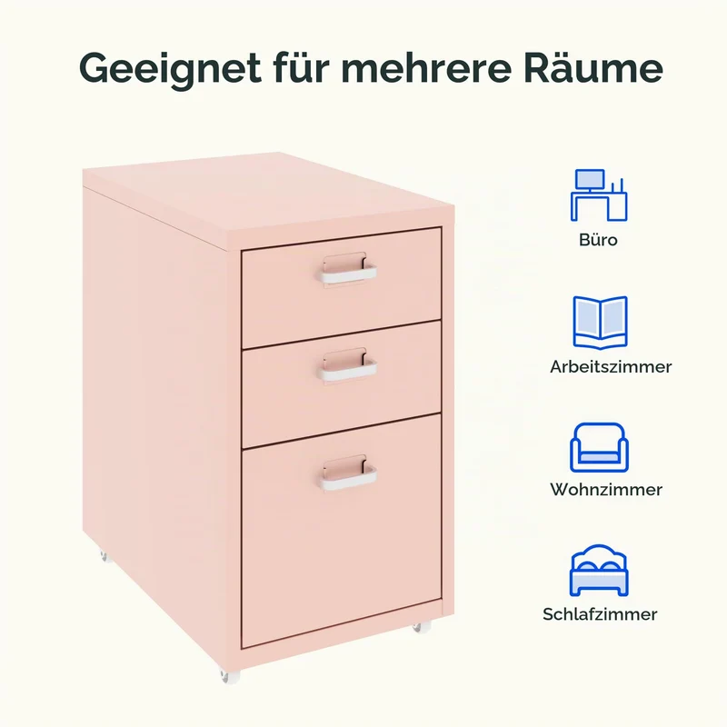 FLEXISPOT Rollcontainer Büroschrank mit 3 Schubladen, Aktenschrank Metallschrank Kommode mit Rädern, Schreibtisch Unterschrank für Zuhause und Büro (Rosa)