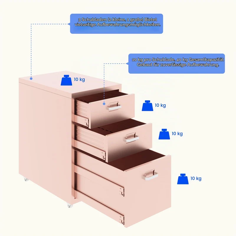 FLEXISPOT Rollcontainer Büroschrank mit 3 Schubladen, Aktenschrank Metallschrank Kommode mit Rädern, Schreibtisch Unterschrank für Zuhause und Büro (Rosa)