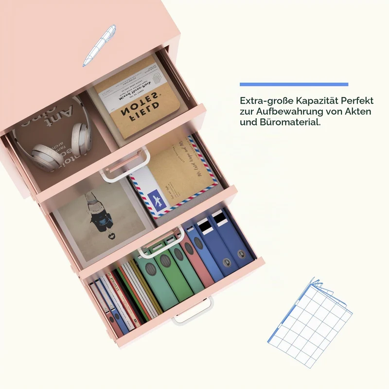 FLEXISPOT Rollcontainer Büroschrank mit 3 Schubladen, Aktenschrank Metallschrank Kommode mit Rädern, Schreibtisch Unterschrank für Zuhause und Büro (Rosa)