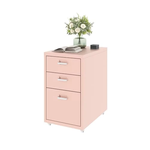 FLEXISPOT Rollcontainer Büroschrank mit 3 Schubladen, Aktenschrank Metallschrank Kommode mit Rädern, Schreibtisch Unterschrank für Zuhause und Büro (Rosa)