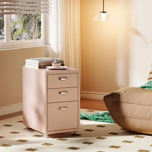 FLEXISPOT Rollcontainer Büroschrank mit 3 Schubladen, Aktenschrank Metallschrank Kommode mit Rädern, Schreibtisch Unterschrank für Zuhause und Büro (Rosa)