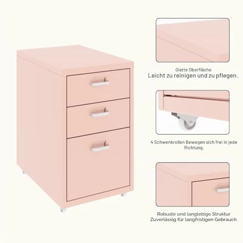 FLEXISPOT Rollcontainer Büroschrank mit 3 Schubladen, Aktenschrank Metallschrank Kommode mit Rädern, Schreibtisch Unterschrank für Zuhause und Büro (Rosa)