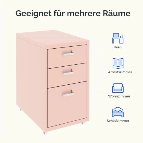 FLEXISPOT Rollcontainer Büroschrank mit 3 Schubladen, Aktenschrank Metallschrank Kommode mit Rädern, Schreibtisch Unterschrank für Zuhause und Büro (Rosa)