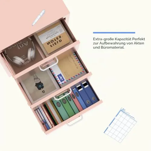 FLEXISPOT Rollcontainer Büroschrank mit 3 Schubladen, Aktenschrank Metallschrank Kommode mit Rädern, Schreibtisch Unterschrank für Zuhause und Büro (Rosa)