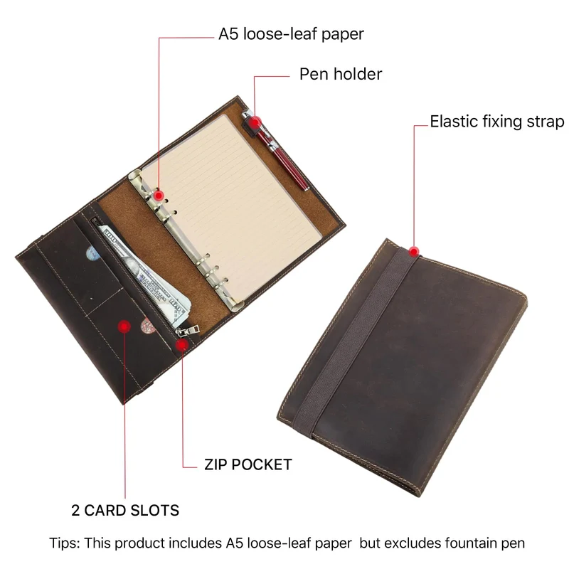 Hiram A5-Leder-Notizbuchhülle, handgefertigt, aus echtem Leder, lose Blätter, 80 Papier-Tagebuchhalter mit Stiftschlaufe, 2 Kartenfächern, Reißverschlusstasche und elastischem Verschluss, abnehmbarer
