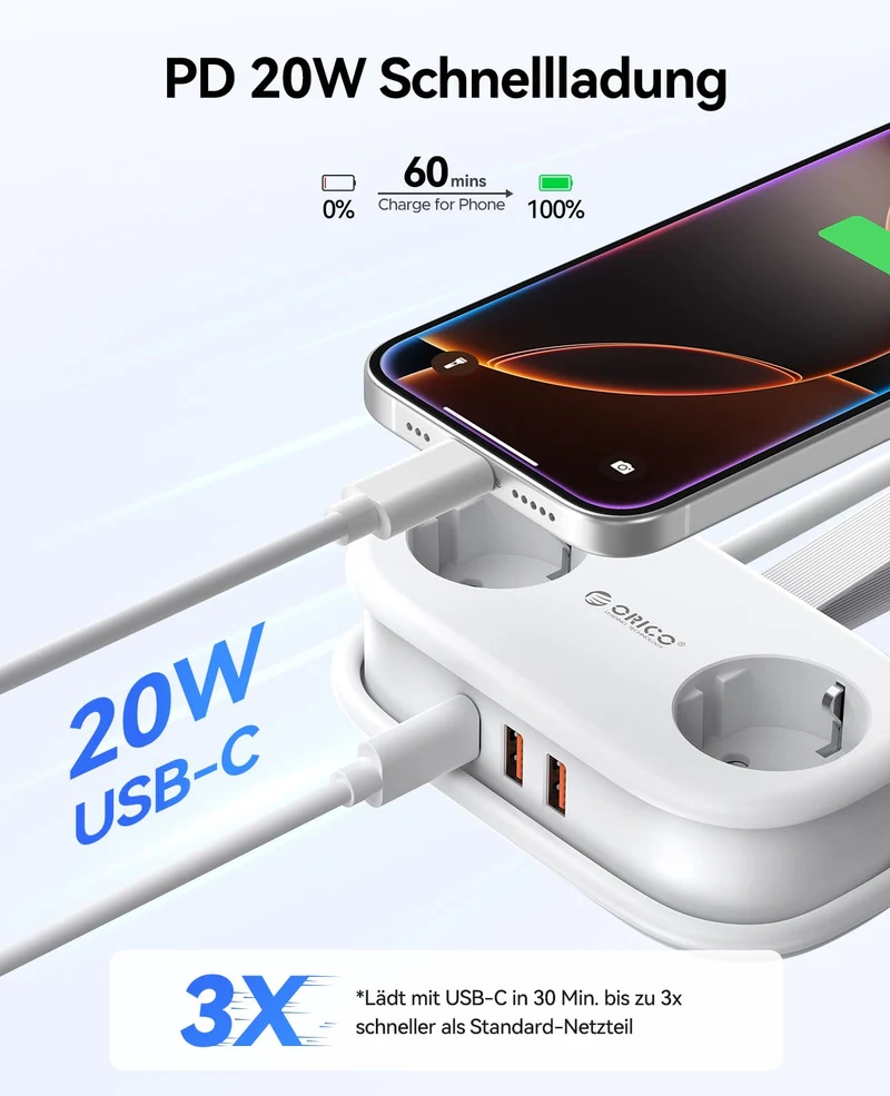 ORICO AP3 Reise Steckdosenleiste USB‑C PD 20W Weiß