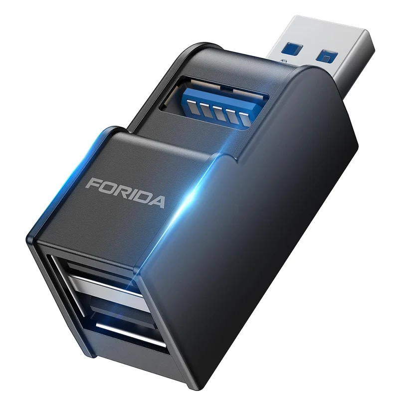 FORIDA 3-Port Mini USB-Hub, Tragbarer USB-Verteiler (1 Eingang, 3 Ausgänge) für Computer-Zubehör (Schwarz)
