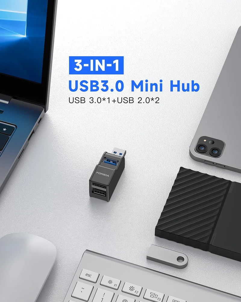 FORIDA 3-Port Mini USB-Hub, Tragbarer USB-Verteiler (1 Eingang, 3 Ausgänge) für Computer-Zubehör (Schwarz)