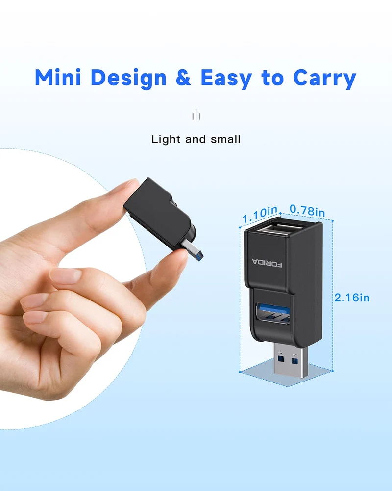 FORIDA 3-Port Mini USB-Hub, Tragbarer USB-Verteiler (1 Eingang, 3 Ausgänge) für Computer-Zubehör (Schwarz)