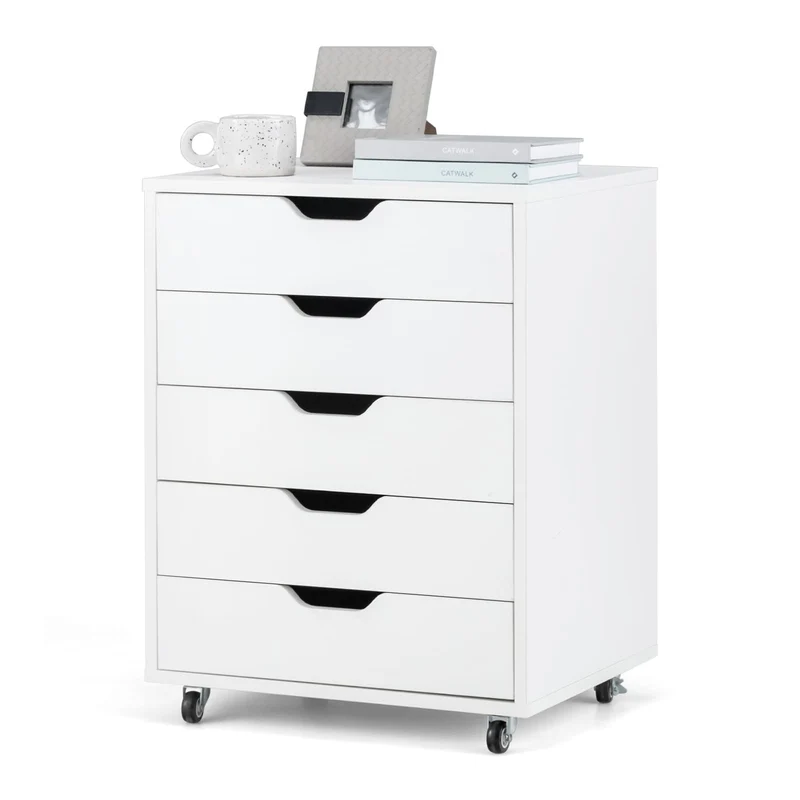 GOPLUS Rollcontainer mit Schubladen, Schubladenschrank mit Rollen, Griffmulden, mobiler Aktenschrank, Bürocontainer Rollschrank für Schlafzimmer Arbeitszimmer & Büro, 48 x 39,5 x 65,5 cm (Weiß)