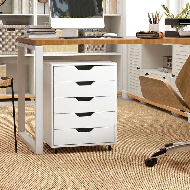 GOPLUS Rollcontainer mit Schubladen, Schubladenschrank mit Rollen, Griffmulden, mobiler Aktenschrank, Bürocontainer Rollschrank für Schlafzimmer Arbeitszimmer & Büro, 48 x 39,5 x 65,5 cm (Weiß)