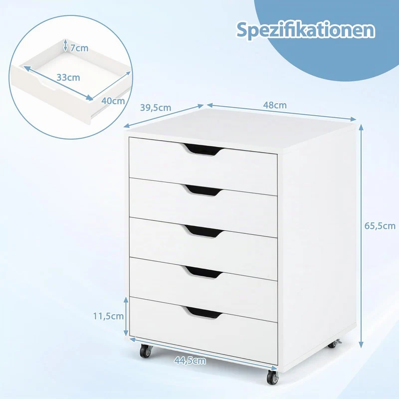 GOPLUS Rollcontainer mit Schubladen, Schubladenschrank mit Rollen, Griffmulden, mobiler Aktenschrank, Bürocontainer Rollschrank für Schlafzimmer Arbeitszimmer & Büro, 48 x 39,5 x 65,5 cm (Weiß)