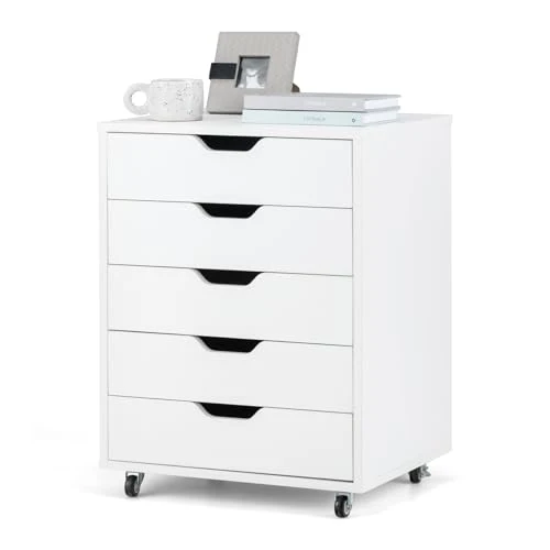 GOPLUS Rollcontainer mit Schubladen, Schubladenschrank mit Rollen, Griffmulden, mobiler Aktenschrank, Bürocontainer Rollschrank für Schlafzimmer Arbeitszimmer & Büro, 48 x 39,5 x 65,5 cm (Weiß)