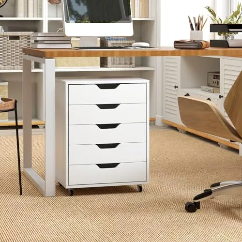 GOPLUS Rollcontainer mit Schubladen, Schubladenschrank mit Rollen, Griffmulden, mobiler Aktenschrank, Bürocontainer Rollschrank für Schlafzimmer Arbeitszimmer & Büro, 48 x 39,5 x 65,5 cm (Weiß)