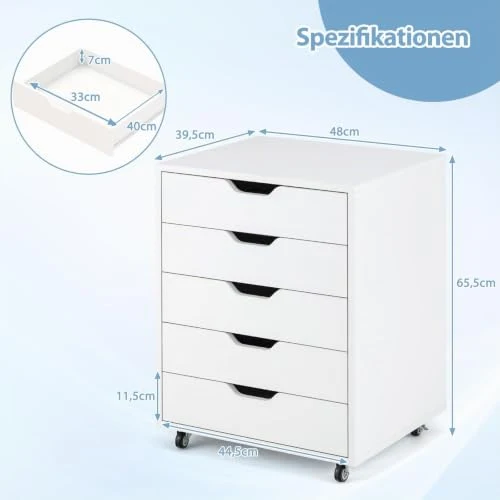 GOPLUS Rollcontainer mit Schubladen, Schubladenschrank mit Rollen, Griffmulden, mobiler Aktenschrank, Bürocontainer Rollschrank für Schlafzimmer Arbeitszimmer & Büro, 48 x 39,5 x 65,5 cm (Weiß)
