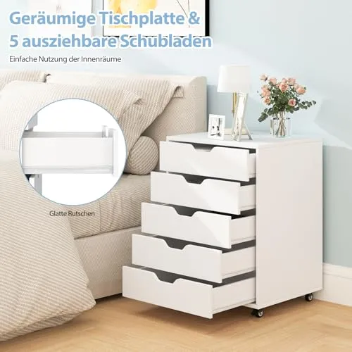GOPLUS Rollcontainer mit Schubladen, Schubladenschrank mit Rollen, Griffmulden, mobiler Aktenschrank, Bürocontainer Rollschrank für Schlafzimmer Arbeitszimmer & Büro, 48 x 39,5 x 65,5 cm (Weiß)