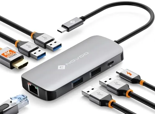 NOVOO Mulitport Adapter USB C auf Ethernet, 7 in 1 Hub USB C auf HDMI 4K, 100 W PD Ladeanschluss, USB x 4, USBC Hub für MacBook Pro MacBook Air Chromebook