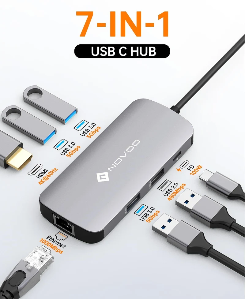 NOVOO Mulitport Adapter USB C auf Ethernet, 7 in 1 Hub USB C auf HDMI 4K, 100 W PD Ladeanschluss, USB x 4, USBC Hub für MacBook Pro MacBook Air Chromebook