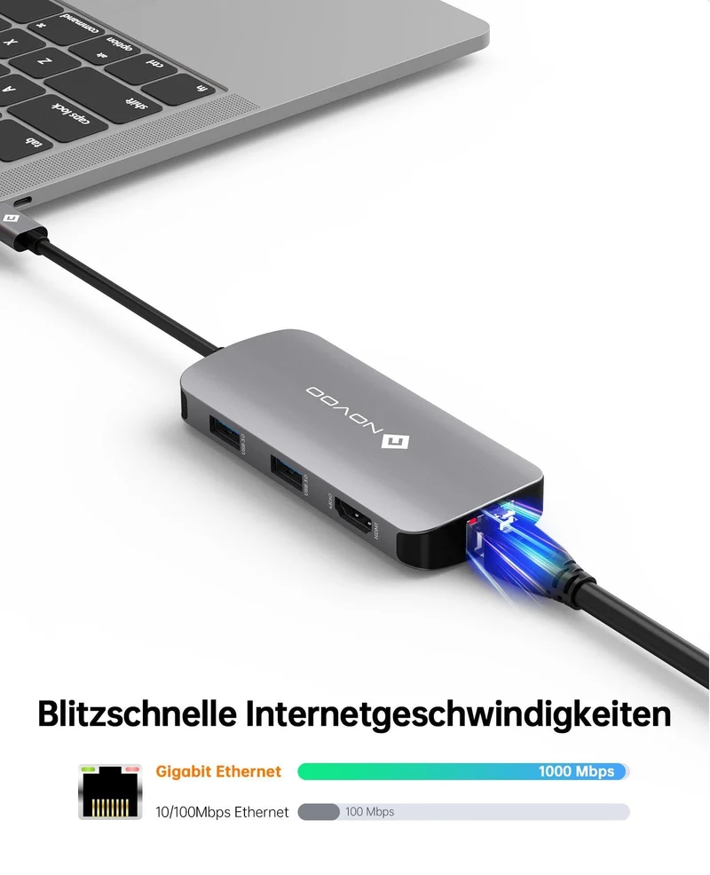 NOVOO Mulitport Adapter USB C auf Ethernet, 7 in 1 Hub USB C auf HDMI 4K, 100 W PD Ladeanschluss, USB x 4, USBC Hub für MacBook Pro MacBook Air Chromebook
