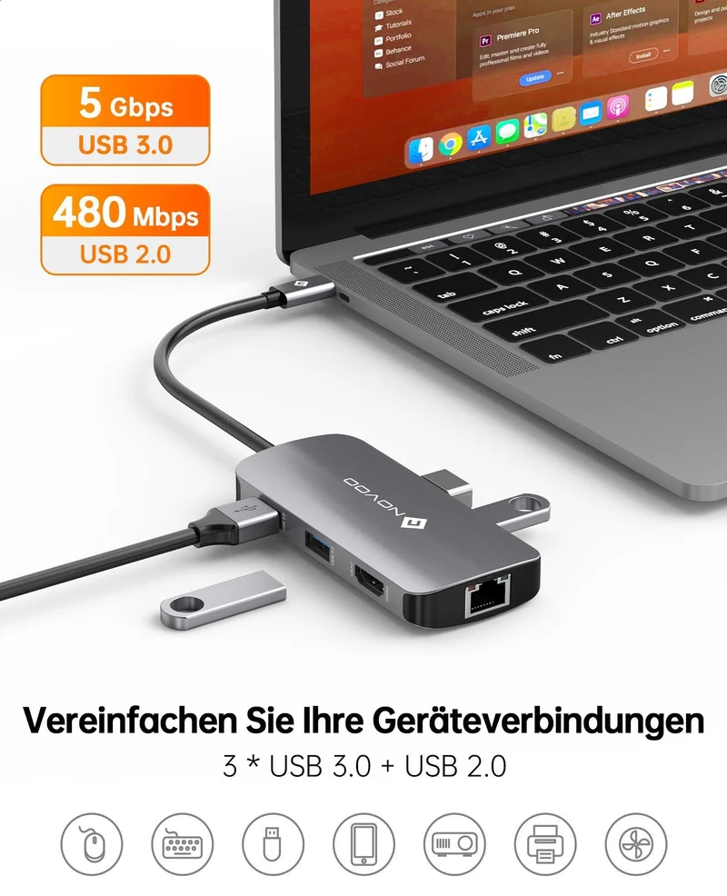 NOVOO Mulitport Adapter USB C auf Ethernet, 7 in 1 Hub USB C auf HDMI 4K, 100 W PD Ladeanschluss, USB x 4, USBC Hub für MacBook Pro MacBook Air Chromebook