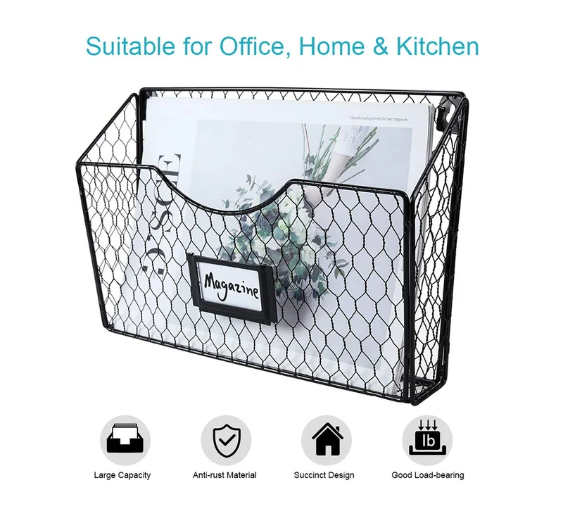 PAG 6 Fächer Zeitschriftenhalter Metall Hühnerdraht Brief-Organizer mit Etikettenschlitz, Schreibtisch Wand Organizer, Schwarz