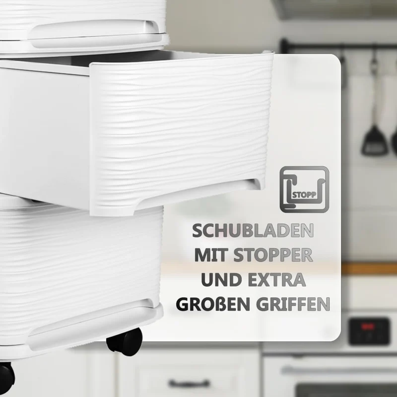 Schubladenschrank mit Rollen Rollcontainer mit 3 Schubladen Rollschrank Kunststoff Rollwagen (Weiß)