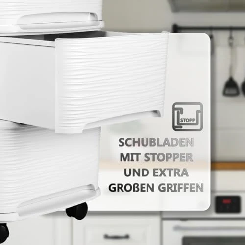 Schubladenschrank mit Rollen Rollcontainer mit 3 Schubladen Rollschrank Kunststoff Rollwagen (Weiß)
