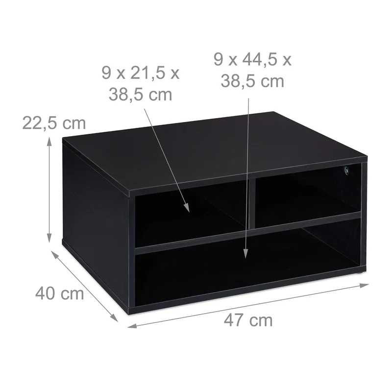 Relaxdays Druckerständer Schreibtisch, 3 Fächer, Regal für Drucker, Druckerhalter, H x B x T: 22,5 x 47 x 40 cm, schwarz