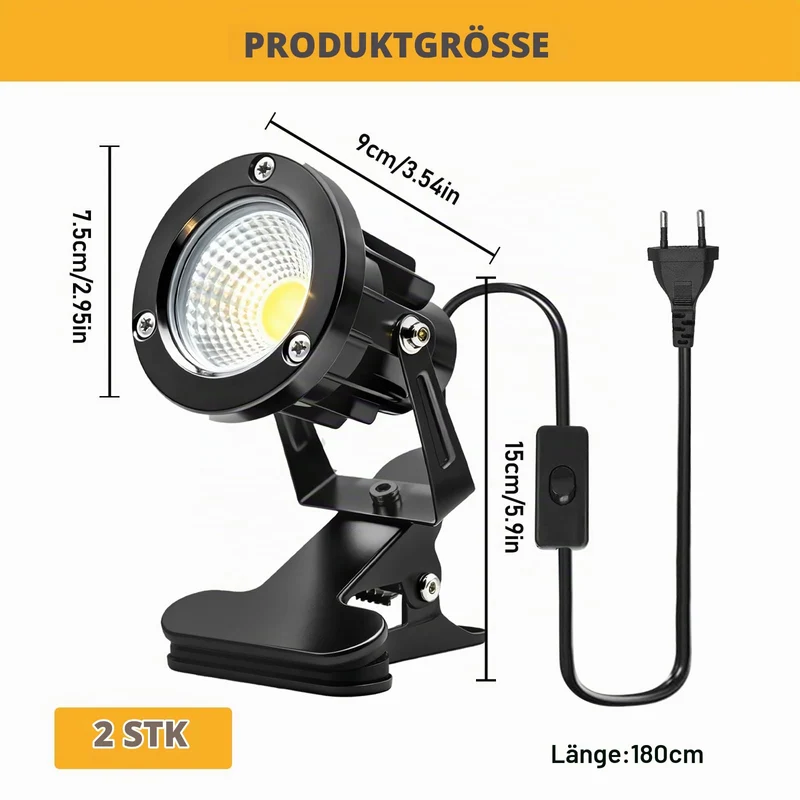 LED Spot Klemmstrahler mit Stecker und Schalter, 2 Stück 10W COB LED Strahler Warmweiß, Schreibtischlampe, Gartenstrahler Pflanzen Spotlight, LED Klemmspot mit 1,8m Kabel für Innen und Außen (A)