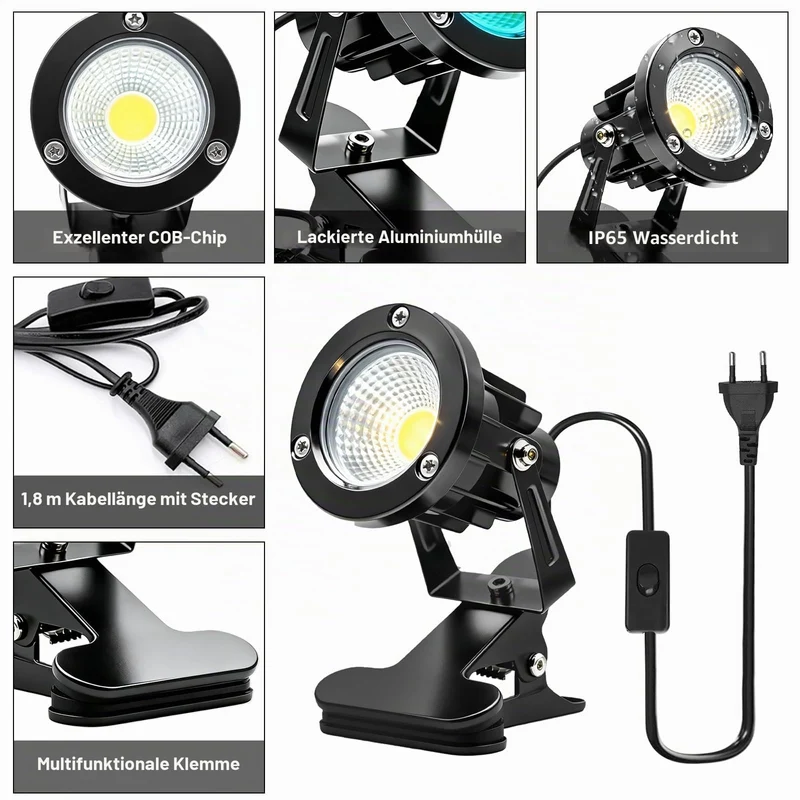LED Spot Klemmstrahler mit Stecker und Schalter, 2 Stück 10W COB LED Strahler Warmweiß, Schreibtischlampe, Gartenstrahler Pflanzen Spotlight, LED Klemmspot mit 1,8m Kabel für Innen und Außen (A)