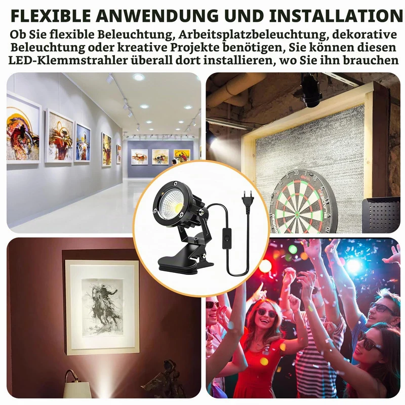 LED Spot Klemmstrahler mit Stecker und Schalter, 2 Stück 10W COB LED Strahler Warmweiß, Schreibtischlampe, Gartenstrahler Pflanzen Spotlight, LED Klemmspot mit 1,8m Kabel für Innen und Außen (A)