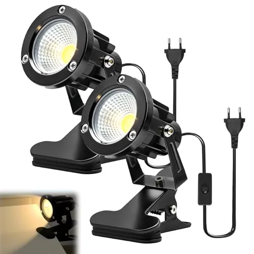 LED Spot Klemmstrahler mit Stecker und Schalter, 2 Stück 10W COB LED Strahler Warmweiß, Schreibtischlampe, Gartenstrahler Pflanzen Spotlight, LED Klemmspot mit 1,8m Kabel für Innen und Außen (A)