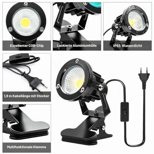 LED Spot Klemmstrahler mit Stecker und Schalter, 2 Stück 10W COB LED Strahler Warmweiß, Schreibtischlampe, Gartenstrahler Pflanzen Spotlight, LED Klemmspot mit 1,8m Kabel für Innen und Außen (A)