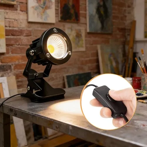 LED Spot Klemmstrahler mit Stecker und Schalter, 2 Stück 10W COB LED Strahler Warmweiß, Schreibtischlampe, Gartenstrahler Pflanzen Spotlight, LED Klemmspot mit 1,8m Kabel für Innen und Außen (A)