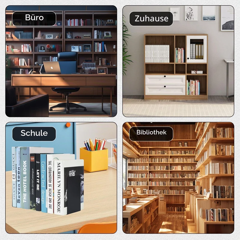6 Stück Buchstützen Metall Schwarz,mit 24 Stück Robuste rutschfesten Silikonmatten,Perfekt für Schule, Büro, Zuhause und Bibliothek, 15 x 15 x 10 cm