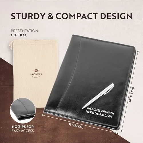 Moonster Professional Portfolio aus Leder Dokumentenmappe A4 - Schreibmappe A4 Format mit Luxus Stift - stilvoller Organizer für Notizblöcke mit Visitenkartenhalter