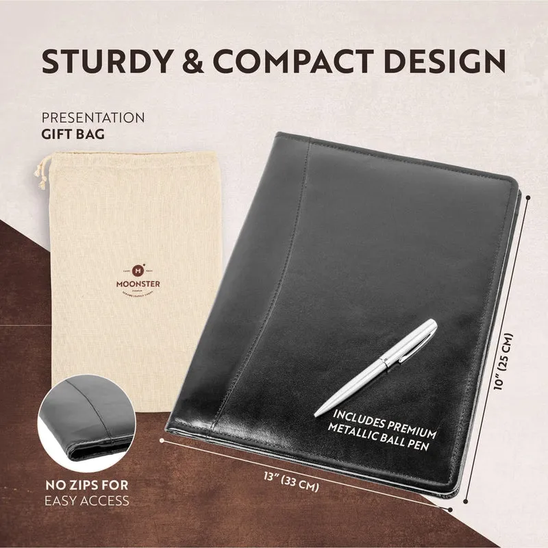 Moonster Professional Portfolio aus Leder Dokumentenmappe A4 - Schreibmappe A4 Format mit Luxus Stift - stilvoller Organizer für Notizblöcke mit Visitenkartenhalter
