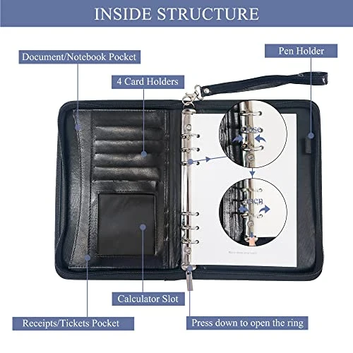GraduatePro Klemmbrettmappe A5 mit Deckel Reißverschluss Leder Organizer Mappe Dokumentenmappe Ordner Clipboard Outdoor Schwarz