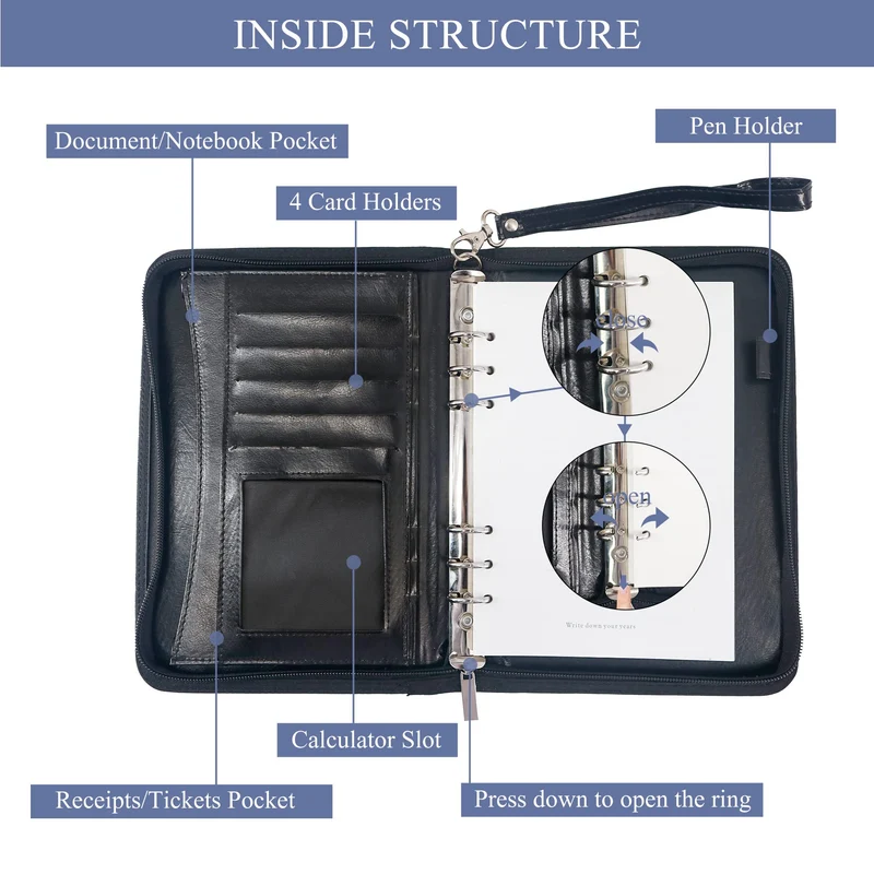 GraduatePro Klemmbrettmappe A5 mit Deckel Reißverschluss Leder Organizer Mappe Dokumentenmappe Ordner Clipboard Outdoor Schwarz
