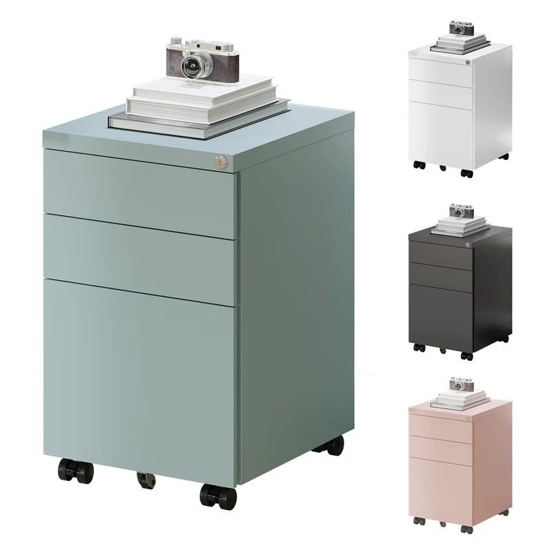 FlexiSpot Rollcontainer mit 3 Schubladen, mobiler Aktenschrank mit Rollen, Schubladenschrank Büroschrank Schreibtisch Unterschrank mit Schlüsselschloss und Anti Kipp für Büro Zuhause, Grau Blau