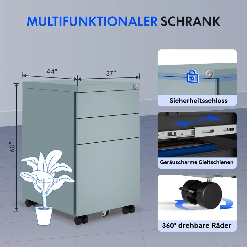 FlexiSpot Rollcontainer mit 3 Schubladen, mobiler Aktenschrank mit Rollen, Schubladenschrank Büroschrank Schreibtisch Unterschrank mit Schlüsselschloss und Anti Kipp für Büro Zuhause, Grau Blau