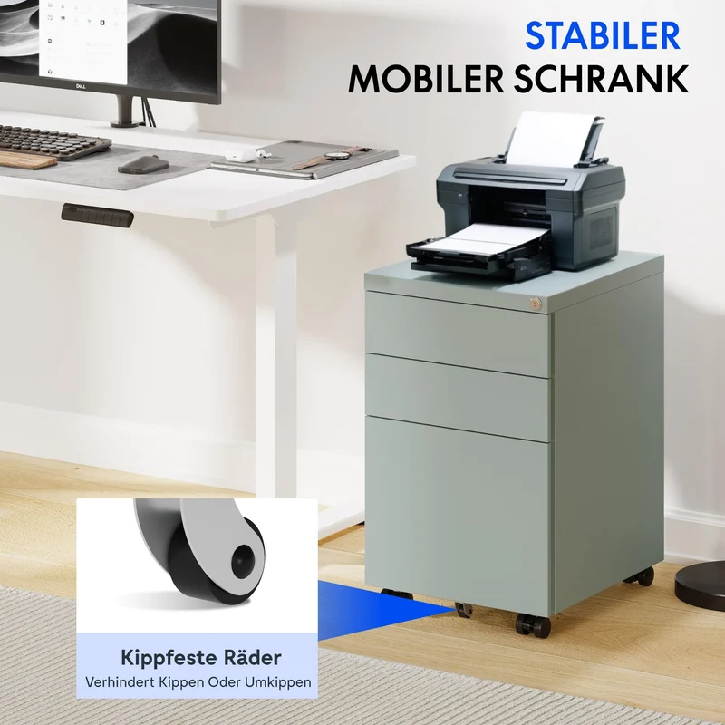 FlexiSpot Rollcontainer mit 3 Schubladen, mobiler Aktenschrank mit Rollen, Schubladenschrank Büroschrank Schreibtisch Unterschrank mit Schlüsselschloss und Anti Kipp für Büro Zuhause, Grau Blau
