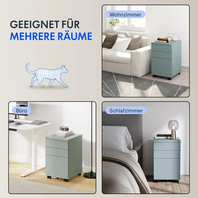FlexiSpot Rollcontainer mit 3 Schubladen, mobiler Aktenschrank mit Rollen, Schubladenschrank Büroschrank Schreibtisch Unterschrank mit Schlüsselschloss und Anti Kipp für Büro Zuhause, Grau Blau